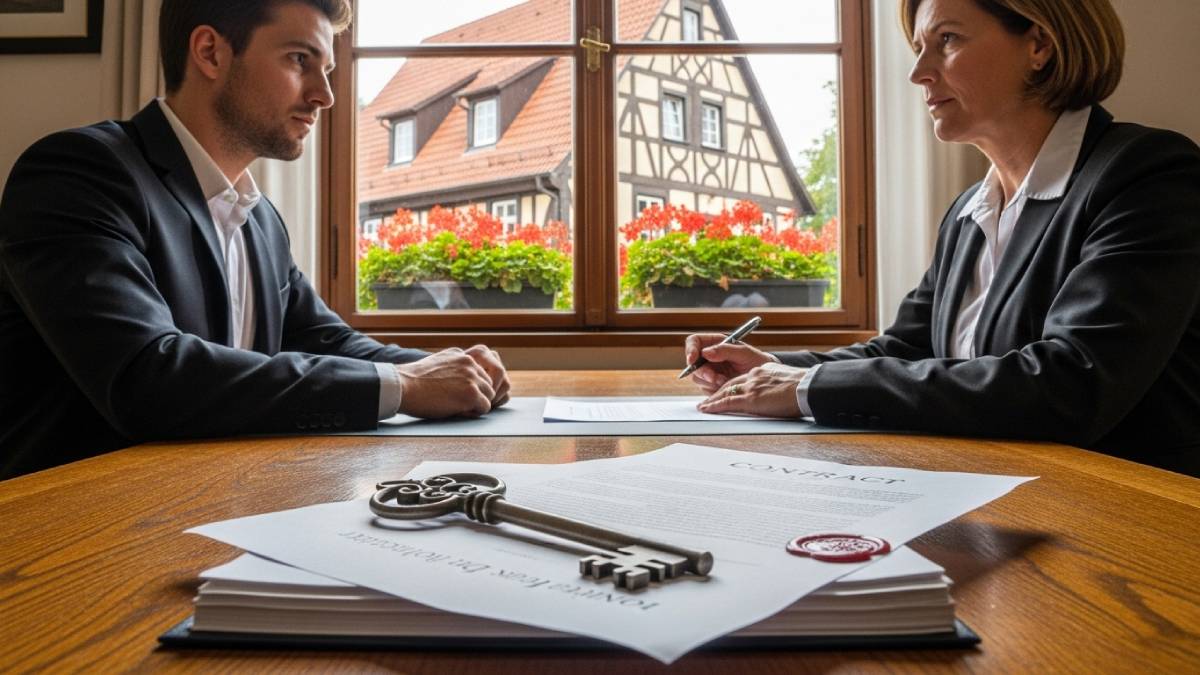 Clé sur contrat, maison allemande, héritier face à notaire