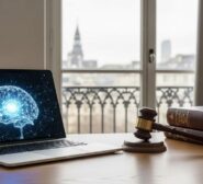 Gavel de justice posé à côté d'un ordinateur affichant une intelligence artificielle, symbolisant le licenciement économique lié à l'IA.