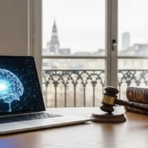 Gavel de justice posé à côté d'un ordinateur affichant une intelligence artificielle, symbolisant le licenciement économique lié à l'IA.