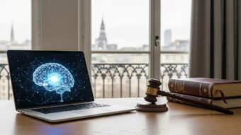 Gavel de justice posé à côté d'un ordinateur affichant une intelligence artificielle, symbolisant le licenciement économique lié à l'IA.