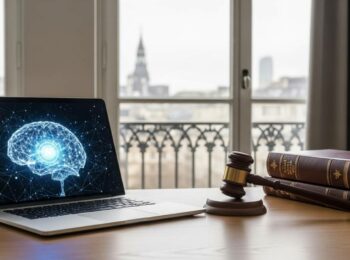 Gavel de justice posé à côté d'un ordinateur affichant une intelligence artificielle, symbolisant le licenciement économique lié à l'IA.