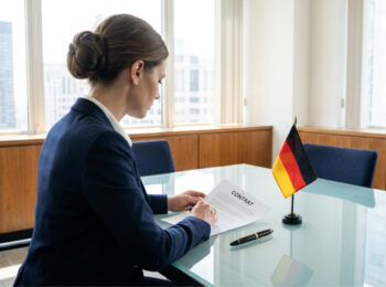 Cadre français lisant un contrat de travail allemand sur un bureau avec un drapeau de l'Allemagne.